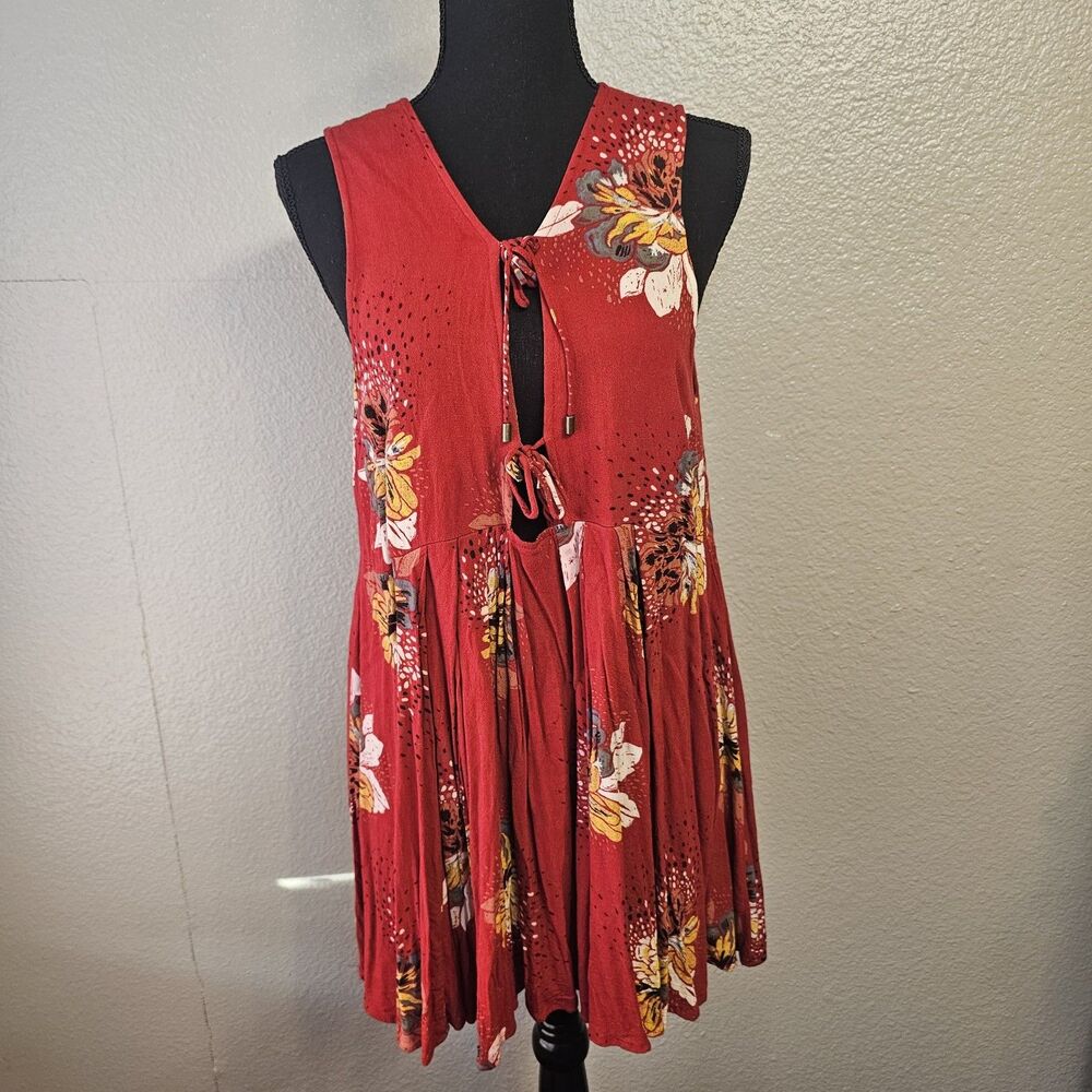 Free People Floral Mini Tunic Dress Red Sleeveless Boho Chic Tie Front S CC668